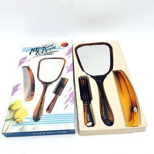 Vintage Mirror Comb & Brush Matching Set Brown Swirled New NOS Retro Hong Kong